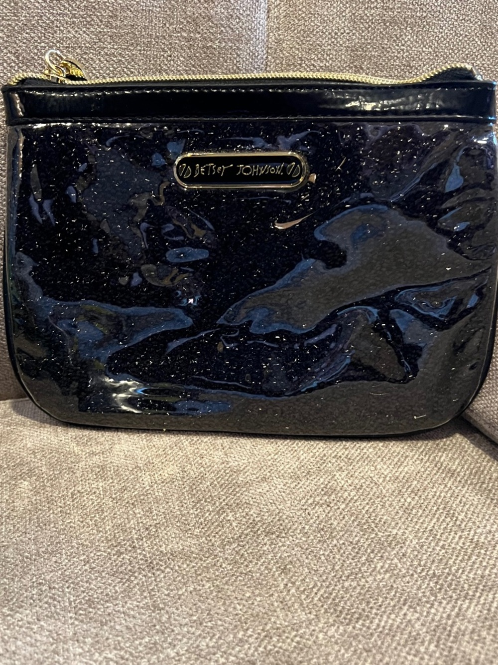 Betsey Johnson Clutch/ Makeup Pouch Black Glitter Gold Zipper Inside Zip Pocket